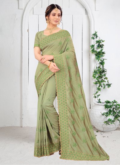 Invigorating Vichitra Silk Green Silk Saree