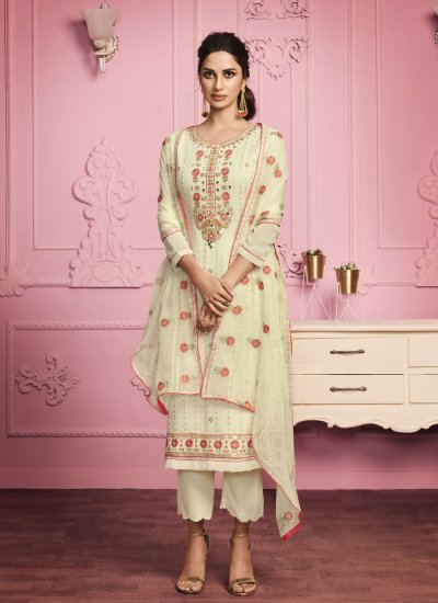 Invigorating Yellow Embroidered Faux Georgette Pant Style Suit