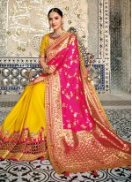 Irresistible Silk Pink and Yellow Weaving Shaded Saree