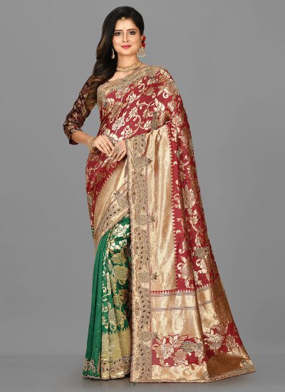Irresistible Weaving Green and Red Kanjivaram Silk Designer Half N Half Saree