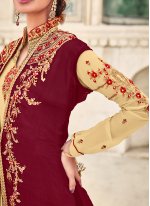 Jacket Style Anarkali Suit Embroidered Georgette in Cream and Maroon