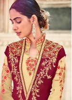 Jacket Style Anarkali Suit Embroidered Georgette in Cream and Maroon