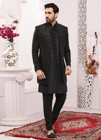 Jacket Style Thread Work Art Banarasi Silk in Black