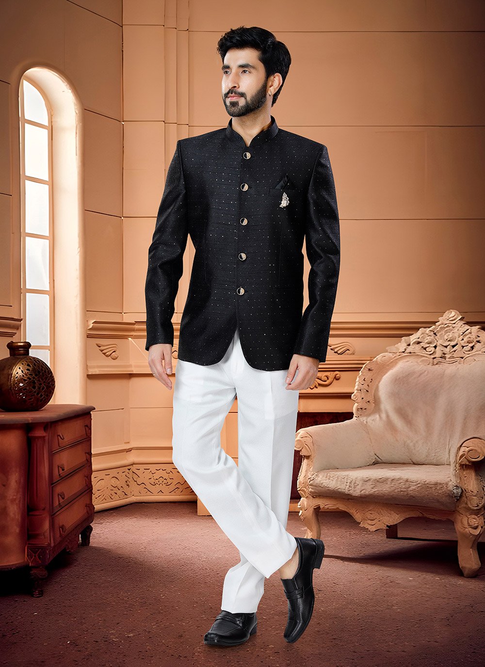 Jacquard Black Jodhpuri Suit