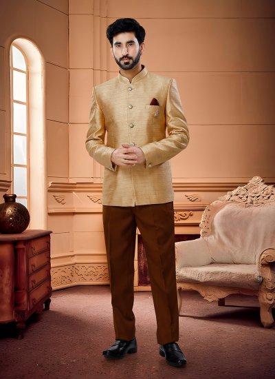 Jacquard Buttons Beige Jodhpuri Suit