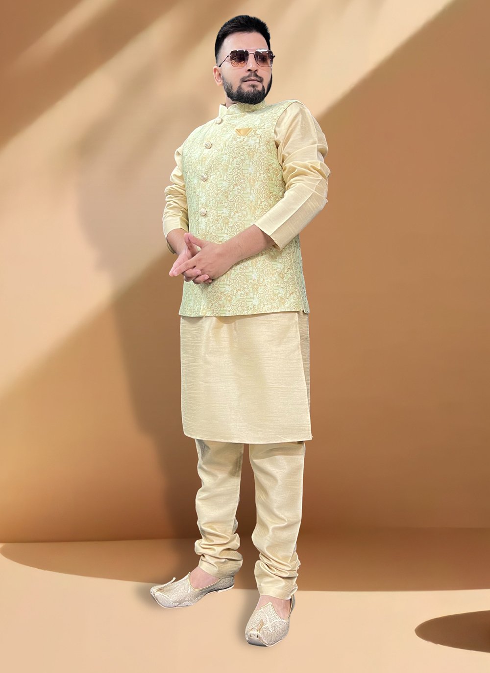 Golden kurta pajama with jacket new arrivals