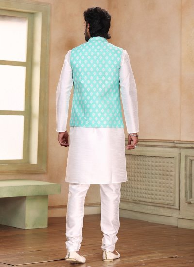 Jacquard Fancy Kurta Payjama With Jacket in Green and Off White