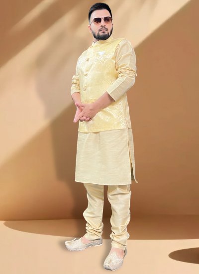 Jacquard Fancy Nehru Jackets in Yellow