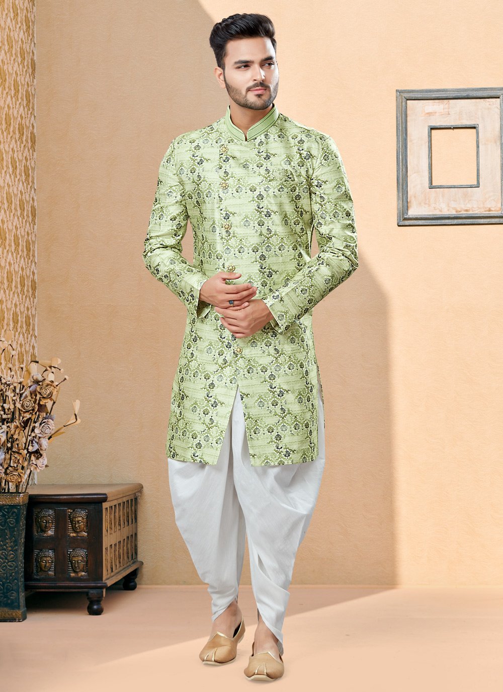 Jacquard Green Digital Print Indo Western Sherwani