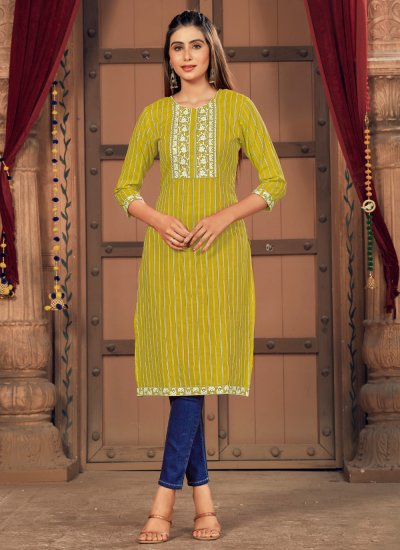 Jacquard Green Embroidered Party Wear Kurti