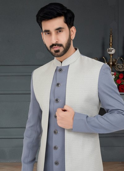 Jacquard Grey and Off White Weaving Indo Western