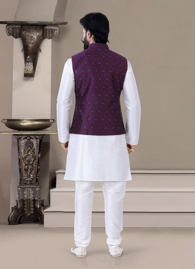 Jacquard Jacquard Work Kurta Payjama With Jacket in Purple and White
