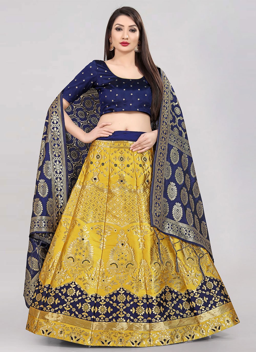 Mustard Color Dyeing With Lagdi Patta Gaji Silk Lehenga Choli | eBay