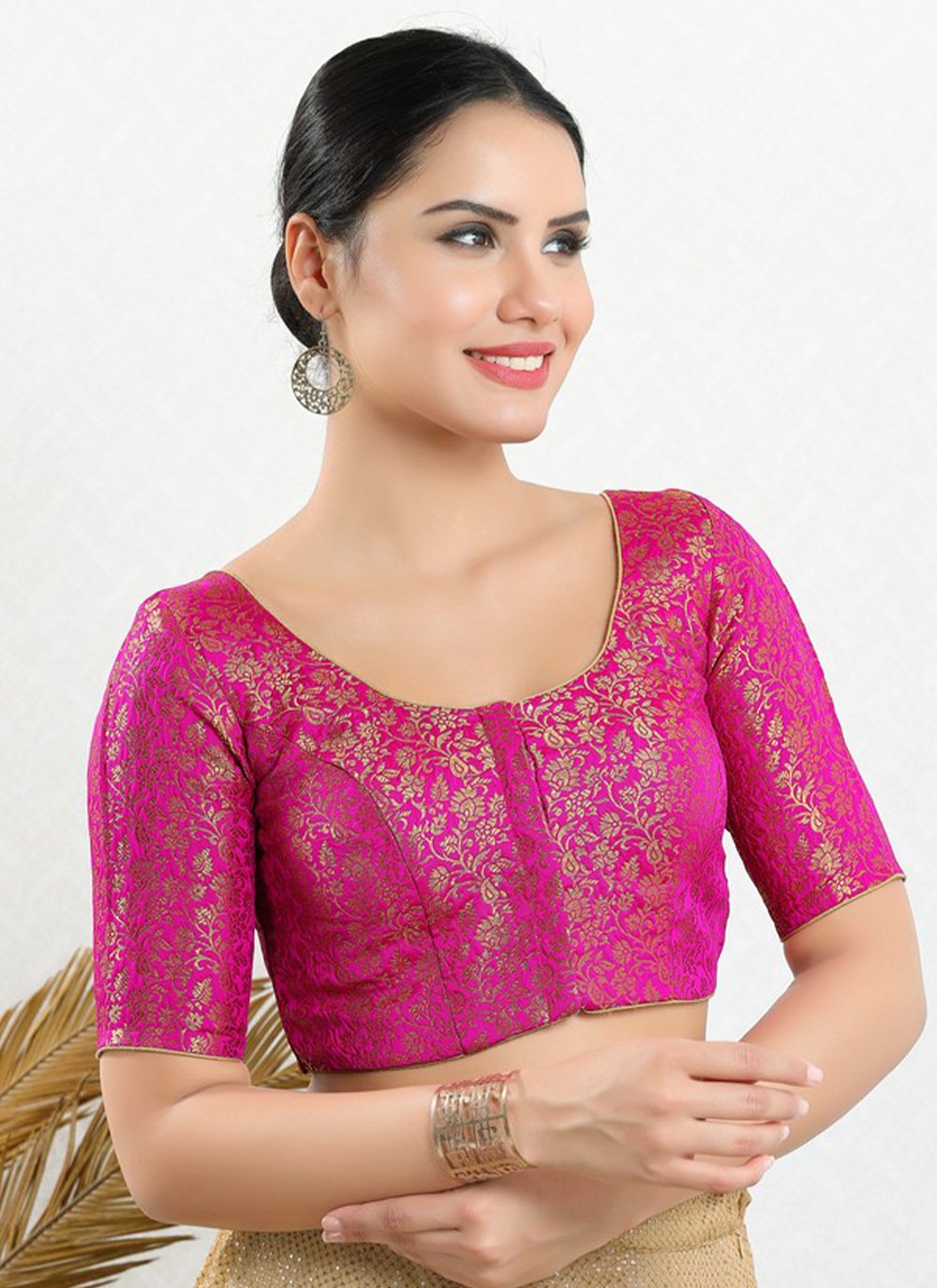 Jacquard Printed Designer Blouse in Pink - Main Image