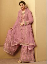 Jacquard Silk Designer Palazzo Suit in Pink