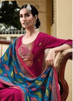 Jacquard Silk Embroidered Designer Pakistani Salwar Suit in Rani