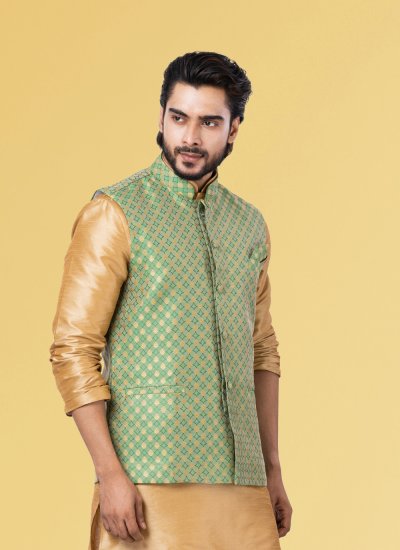 
                            Jacquard Silk Embroidered Green Nehru Jackets