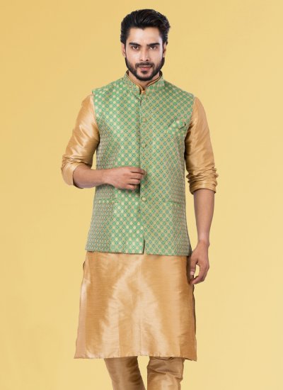 Jacquard Silk Embroidered Green Nehru Jackets