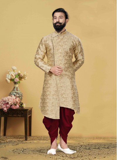 Jacquard Silk Embroidered Indo Western in Beige