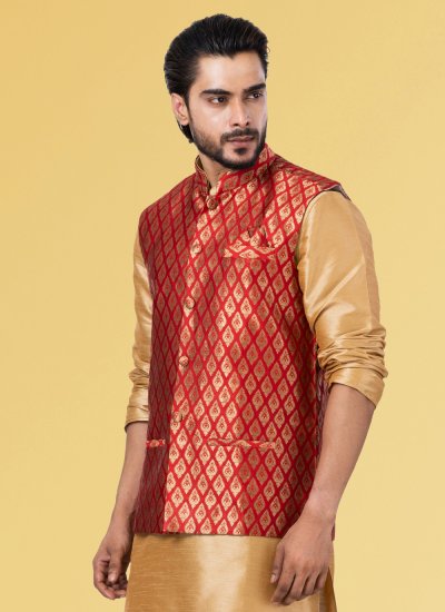 Jacquard Silk Embroidered Nehru Jackets in Red
