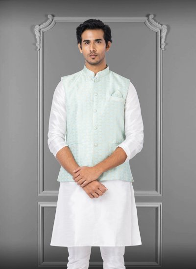 Jacquard Silk Embroidered Sea Green Nehru Jackets