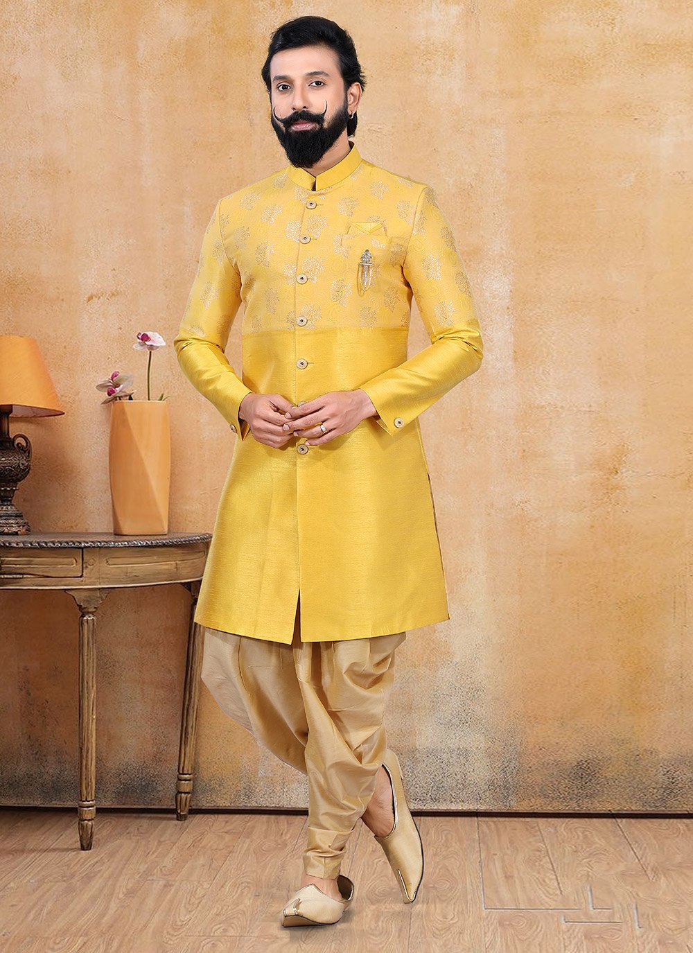 Jacquard Silk Fancy Dhoti Kurta in Yellow