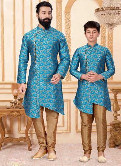Jacquard Silk Gold and Turquoise Indo Western