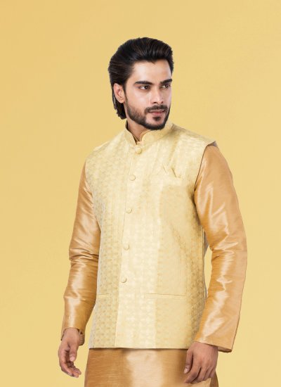 Jacquard Silk Gold Nehru Jackets