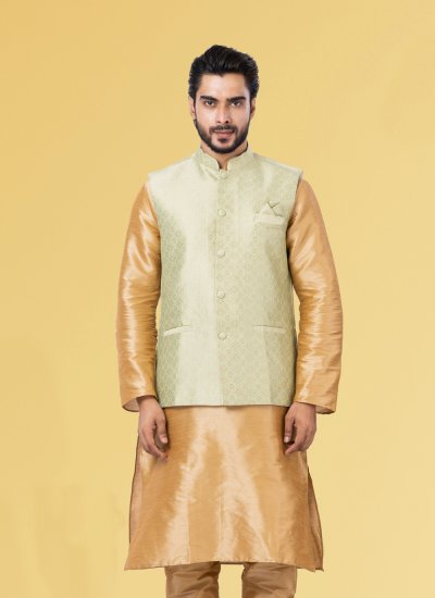 Jacquard Silk Gold Nehru Jackets