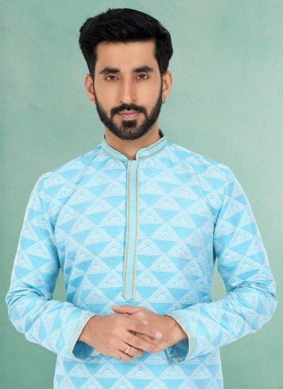 Jacquard Silk Jacquard Work Kurta Pyjama in Turquoise