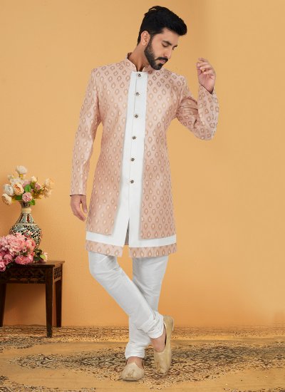 Jacquard Silk Pink and White Indo Western