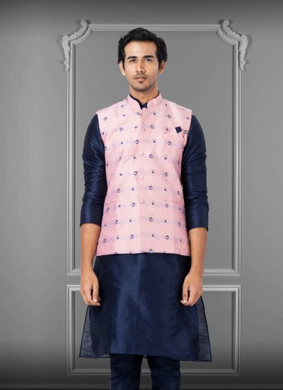 Jacquard Silk Pink Embroidered Nehru Jackets