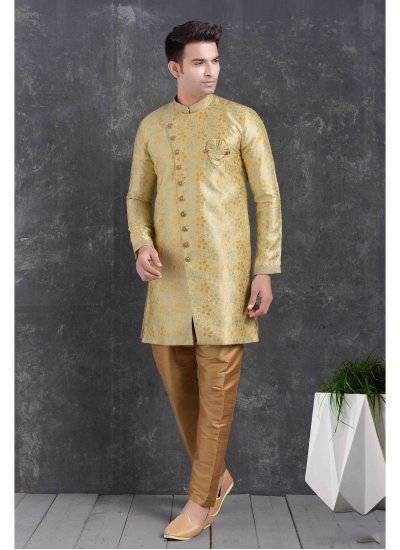Jacquard Silk Print Yellow Indo Western