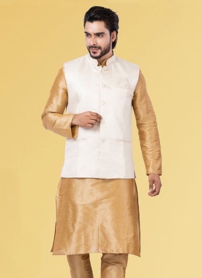 Jacquard Silk White Nehru Jackets