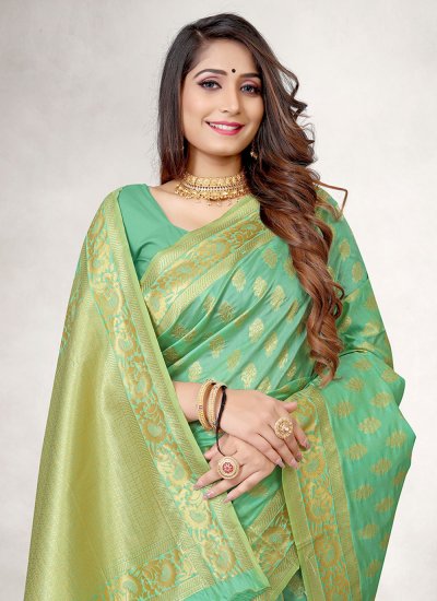 Jacquard Silk Woven Green Traditional Designer Saree
