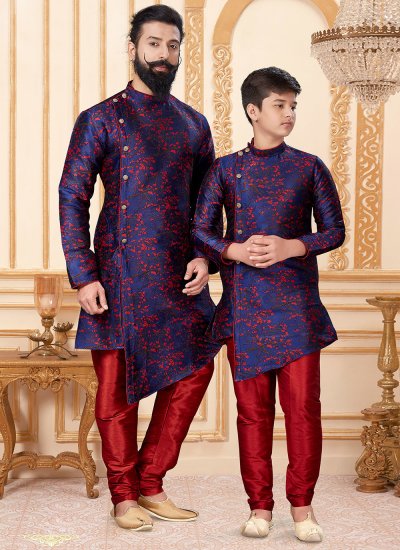 Jacquard Silk Woven Indo Western in Blue and Red