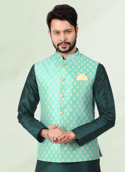 Jacquard Work Banarasi Silk Kurta Payjama With Jacket in Green