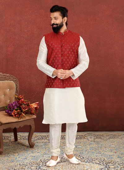 Jacquard Work Cotton Kurta Payjama With Jacket in Off White and Red