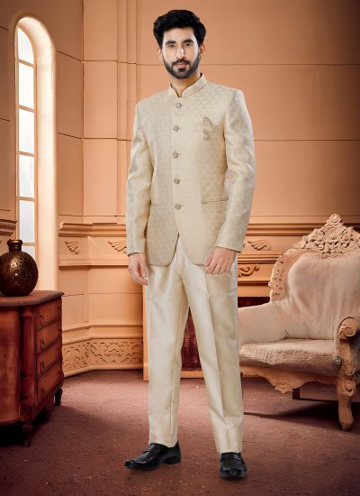 Jacquard Woven Jodhpuri Suit in Beige