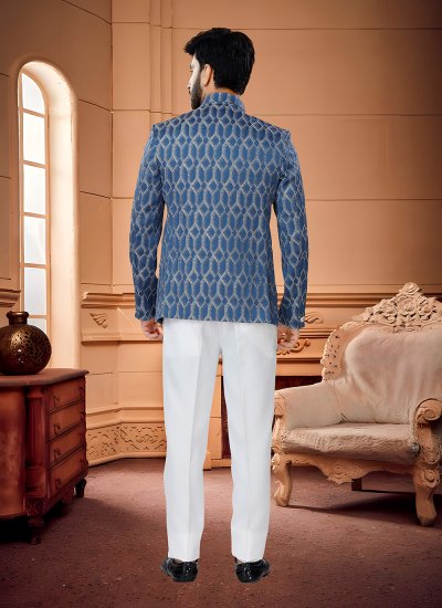 Jacquard Woven Jodhpuri Suit in Blue