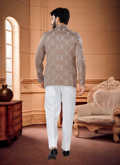 Jacquard Woven Jodhpuri Suit in Brown