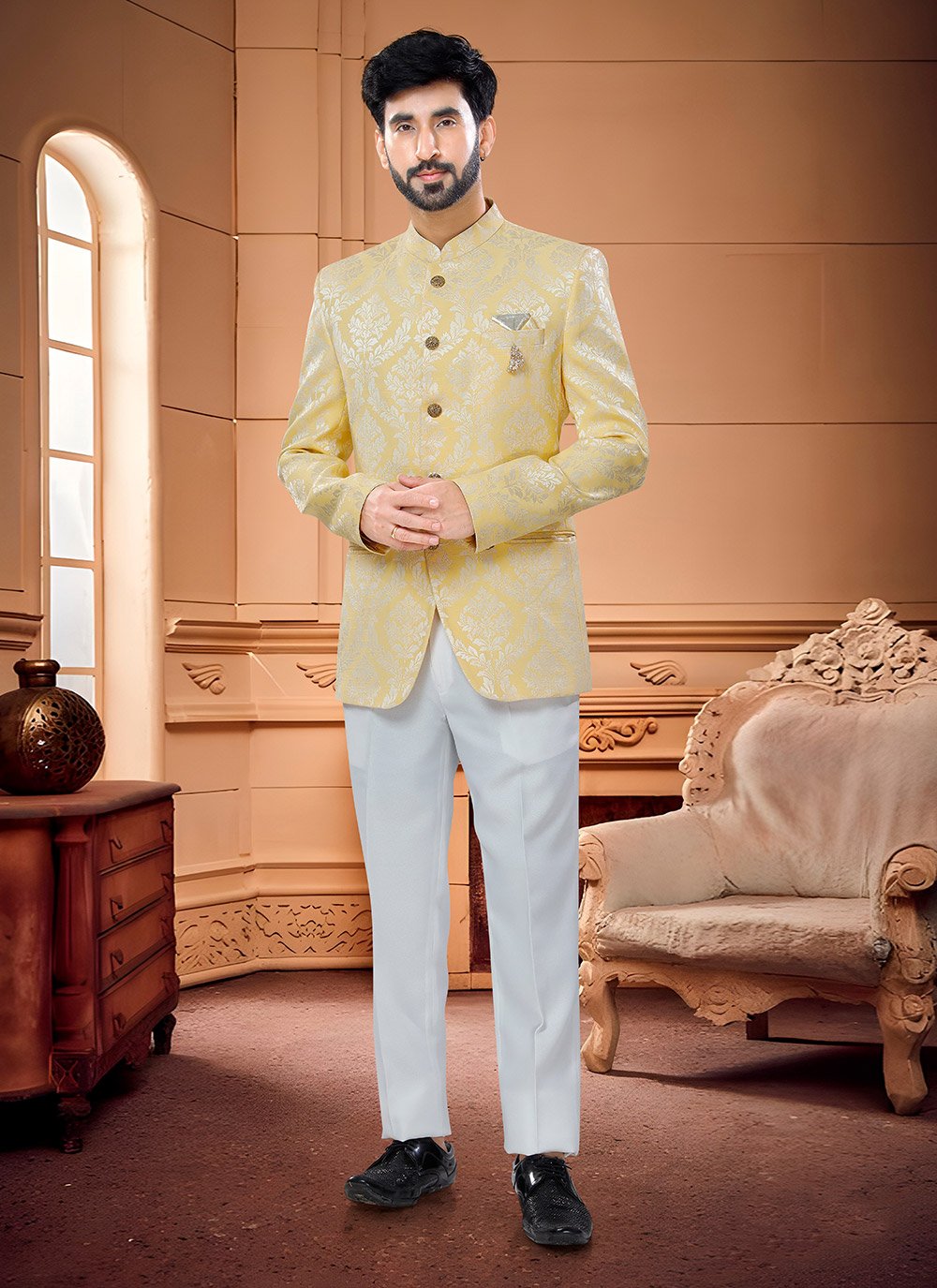 Buy Jacquard Woven Cream Jodhpuri Suit Online : 241223 -