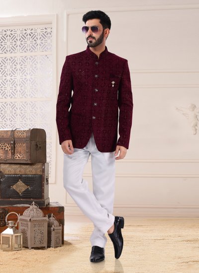 Jodhpuri Suit Sequins Velvet in Wine