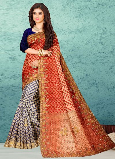 Kanjivaram Silk Embroidered Designer Saree in Multi Colour