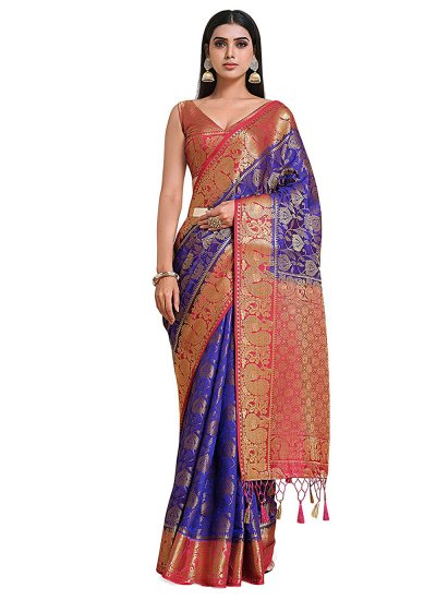 
                            Kanjivaram Silk Zari Classic Designer Saree in Blue