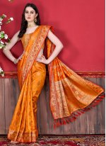 Katan Silk Border Contemporary Style Saree in Orange