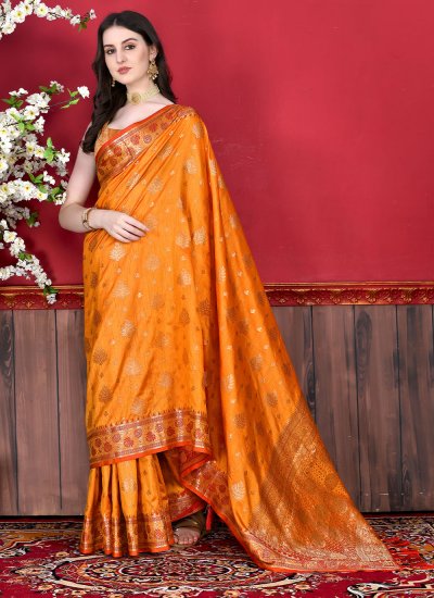 Katan Silk Border Contemporary Style Saree in Orange