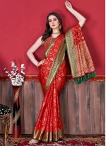 Katan Silk Weaving Contemporary Style Saree in Red
