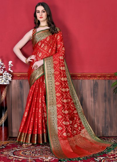 Katan Silk Weaving Contemporary Style Saree in Red