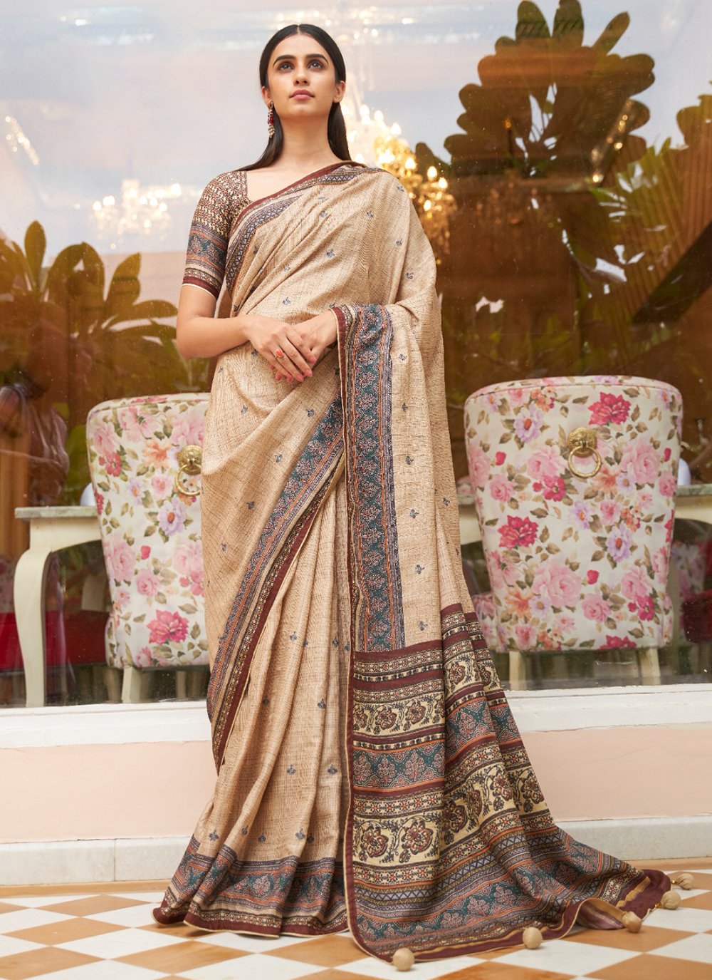 Khadi Silk Cream Print Designer Saree -